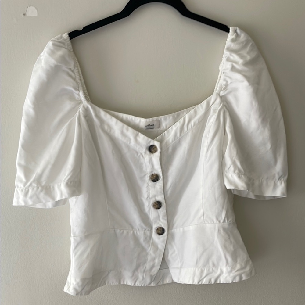 Wilfred Linen Blend White Puff Sleeve Button-Up Top